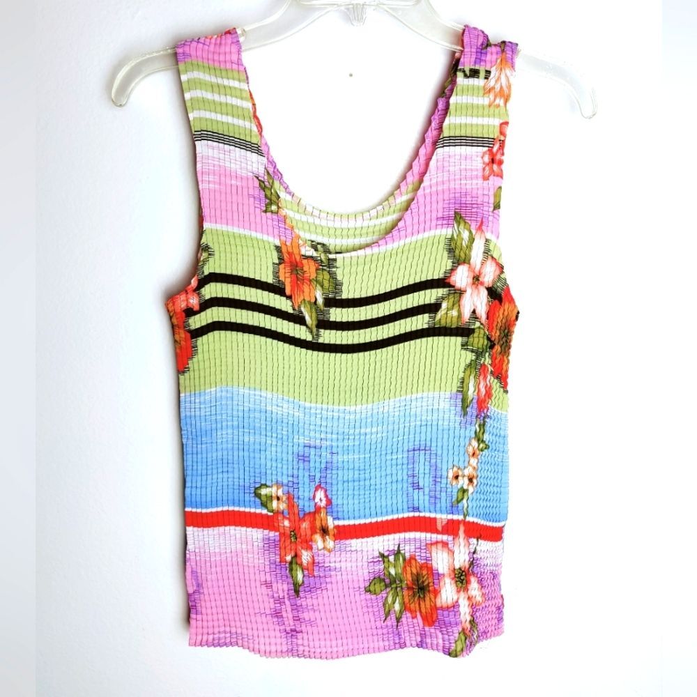 VTG Y2K Impressions Accordion Pleated Stretch Tank Top Hawaiian Floral Print, M